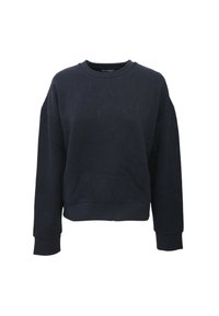 Felpa blu navy con scollo a girocollo, vestibilità ampia e motivo di scritte in rilievo sulla parte anteriore. Polsini e orlo a costine.