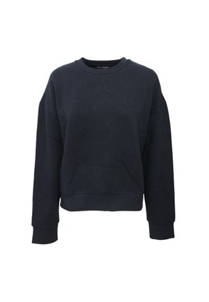 Felpa blu navy con scollo a girocollo, vestibilità ampia e motivo di scritte in rilievo sulla parte anteriore. Polsini e orlo a costine.