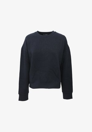 Felpa blu navy con scollo a girocollo, vestibilità ampia e motivo di scritte in rilievo sulla parte anteriore. Polsini e orlo a costine.