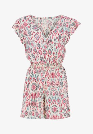 Korte mouwen rompertje in crème met een multicolore geometrisch patroon, voorzien van een V-halslijn en een elastische tailleband voor een aansluitende look.