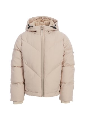 Beige gewatteerde winterjas met capuchon, ritssluiting aan de voorkant, verstelbare trekkoorden op de capuchon en gebreide manchetten die uitsteken vanaf de mouwen.