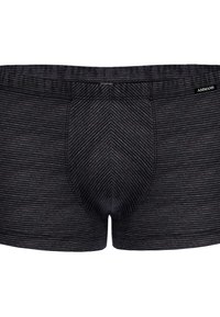 Boxer shorts rayés noirs avec un design ajusté, ceinture élastique et une poche centrale. Le tissu a une texture lisse. Étiquette de la marque sur la ceinture.