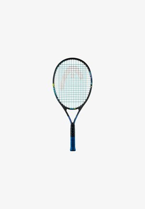 Raqueta de tenis negra con un mango azul y patrón de cuerdas. Presenta una cabeza redondeada y un agarre texturizado para un mejor control.