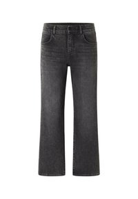 Bredde ben sorte denim jeans med et klassisk fem-lomme design og diskret slidte effekter. Har en frontknaplukning og bæltestropper.
