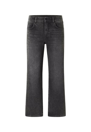 Wide-leg black denim jeans with a classic five-pocket design and subtle whiskering. Features a front button closure and belt loops.