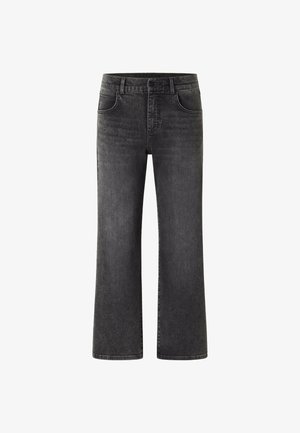 Široké černé džíny s klasickým pětipocket designem a jemným ožehlením. Obsahují přední zapínání na knoflík a poutka na opasek.