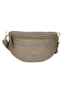 Sacoche en cuir doré métallique avec une forme courbée, fermeture zippée et une bandoulière détachable. Texture lisse avec des accents minimalistes.