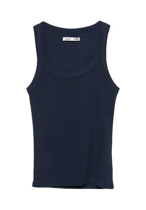 Tengerészkék ujjatlan bordázott trikó kerek nyakkivágással és hátul, a gallér belső oldalán látható címkével.