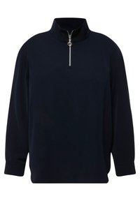 Marinefarbenes Pullover mit Viertelreißverschluss aus glattem Stoff, langen Ärmeln und hohem Kragen. Mit silbernem Reißverschluss und einem lässigen Schnitt.