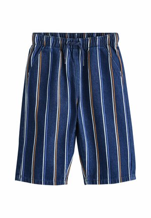 Navyblå knælange shorts med lodrette hvide, lyseblå og brune striber, elastik i taljen og snøre foran.