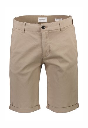 Beige katoenen shorts met een rechte snit, omgeslagen mouwen en een knoopsluiting aan de voorkant. Voorzien van riemlussen en een gladde textuur.