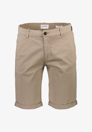 Beżowe bawełniane szorty o prostym kroju, z podwiniętymi mankietami i zapięciem na guzik z przodu. Posiadają szlufki na pasek i gładką fakturę.