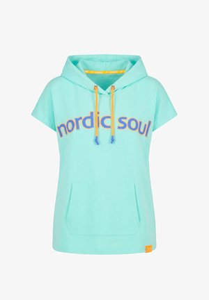 Aqua-värinen lyhythihainen huppari, jossa keltaiset kiristysnauhat, kangaroo-tasku edessä ja "nordic soul" -teksti sinisenä ja oranssina rinnassa.