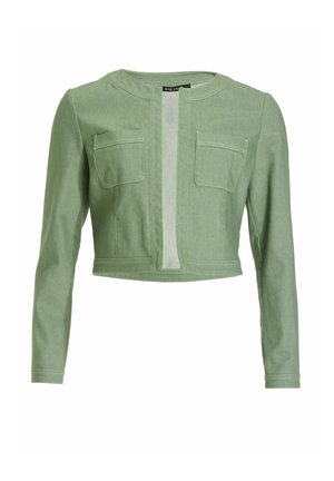 Lichtgroene cropped jas met lange mouwen, ronde halslijn, twee borstzakken en een verticale, verborgen voorkantopening.