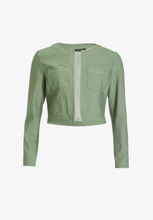Lysegrøn cropped jakke med lange ærmer, rund halsudskæring, to brystlommer og en lodret skjult foråbning foran.