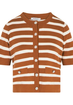 Braun-weiß gestreifte Strickjacke mit kurzen Ärmeln, silbernen Knöpfen und zwei vorderen Taschen mit Knöpfen.
