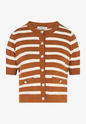 Bruine en witte gestreepte gebreide cardigan met korte mouwen, zilveren knopen en twee voorzakken met knopen.