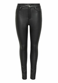 Leggings en similicuir noir avec une coupe slim, un design à cinq poches et des détails de bouton argenté à la taille. Texture lisse et élégante.
