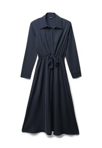 Dunkelblaues, langärmliges Midikleid mit Kragen, geknöpften Vorderseite, tailliertem Schnitt und einem gebundenen Gürtel.