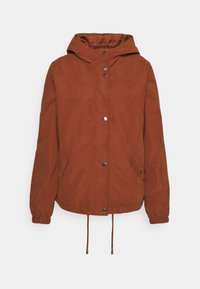 Brown hooded jacket featuring a front zipper, snap buttons, side pockets, adjustable drawstring hem, and elastic cuffs. Smooth texture.