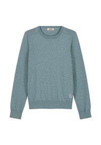 Lichtblauw-groene sweatshirt van zacht materiaal, met een ronde hals, lange mouwen, geribde manchetten en een logopatch aan de onderzijde aan de linkerzijde.