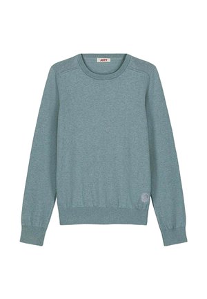 Lichtblauw-groene sweatshirt van zacht materiaal, met een ronde hals, lange mouwen, geribde manchetten en een logopatch aan de onderzijde aan de linkerzijde.