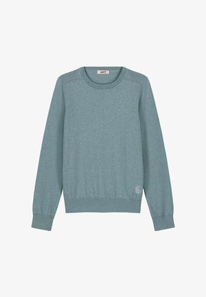 Sweatshirt bleu-vert clair en tissu doux, avec un col rond, des manches longues, des poignets côtelés, et une étiquette logotypée sur le bas à gauche.