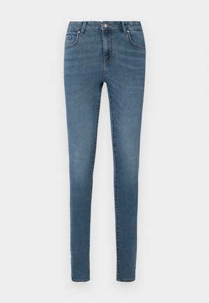 Jeans skinny en denim bleu moyen. Design classique à cinq poches avec fermeture éclair et bouton. Texture lisse, finition légèrement délavée.