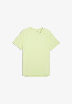 Neon yellow short-sleeve athletic shirt made of smooth, lightweight fabric. Features a round neckline and a small white logo on the chest.
