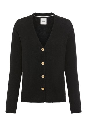 Zwarte cardigan met een V-hals, vijf houten knopen aan de voorkant en lange mouwen. Gemaakt van een textuurstof met een relaxte pasvorm.