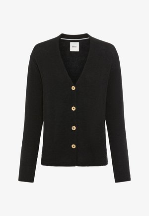 Cardigan nero con scollo a V, cinque bottoni in legno sul davanti e maniche lunghe. Realizzato in tessuto testurizzato con una vestibilità rilassata.