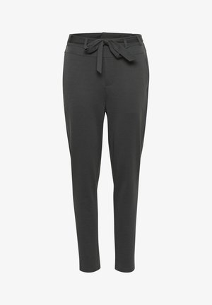 Pantalons effilés gris foncé avec une texture douce, dotés d'une taille à nouer, de poches latérales et d'une finition lisse.