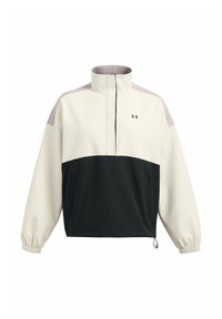 Pullover jacket with a high collar, featuring a cream body, black lower section, and light purple shoulder accents. Includes front pockets.