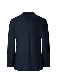 Tmavomodrý blejzer s dlhým rukávom, s jedným švom na chrbte a klasickým golierom, zobrazený zozadu na bielom pozadí.