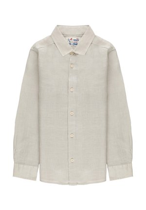 Camicia beige a maniche lunghe con bottoni, colletto classico e sei bottoni beige sul davanti.