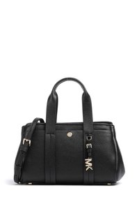 Borsa a tracolla in pelle nera con superficie strutturata, doppi manici superiori, tracolla rimovibile, dettagli in metallo color oro e logo laterale.