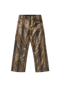 Spodnie w wzór węża w odcieniach brązu i złota, z wysokim stanem, zapięciem na guziki oraz pięcioma kieszeniami z widocznym przeszyciem.