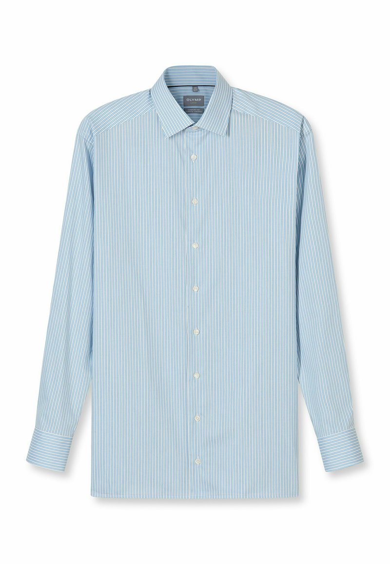 Hellblaues Hemd mit langen Ärmeln, verziert mit dünnen weißen vertikalen Streifen, Knopfleiste vorne, Kragen und ein-Knopf-Manschetten.