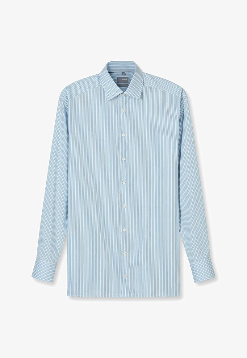 Hellblaues Hemd mit langen Ärmeln, verziert mit dünnen weißen vertikalen Streifen, Knopfleiste vorne, Kragen und ein-Knopf-Manschetten.