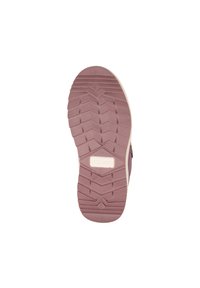 Shoe outsole in soft pink rubber with a zigzag tread pattern. Features a raised logo at the center. Smooth texture with durable grip design.