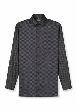 Langärmliges Button-Down-Hemd mit schwarzem Grund und einem geometrischen Muster in Blau und Braun. Es verfügt über eine Brusttasche und einen klassischen Kragen.