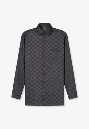 Langärmliges Button-Down-Hemd mit schwarzem Grund und einem geometrischen Muster in Blau und Braun. Es verfügt über eine Brusttasche und einen klassischen Kragen.