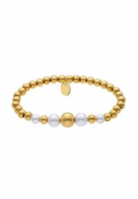 Gouden en zilveren kralenarmband met een mix van bolvormige kralen, met glanzende metalen en gladde parelafwerkingen. Inclusief een klein label.