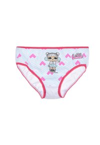 Mutande di cotone bianche con rifiniture rosa e motivo a zigzag, caratterizzate da una bambola illustrata e dal logo "LOL Surprise".