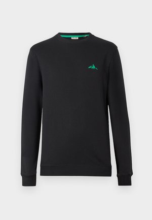 Black sweatshirt with long sleeves, round neck, and a turquoise mountain logo on the left chest. Smooth texture and minimalistic design.