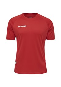 Rotes kurzärmeliges Sporttrikot mit weißem „hummel“-Logo auf der Brust und weißen Chevron-Akzenten an den unteren Seiten.
