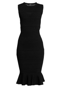 Robe en tricot côtelé noir avec une silhouette ajustée, design sans manches, motifs texturés et un ourlet évasé en bas.