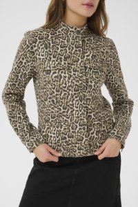 Braun-beige Leopardmuster-Jacke mit Stehkragen, Knopfverschluss und zwei Fronttaschen. Glatte Textur und taillierte Passform.