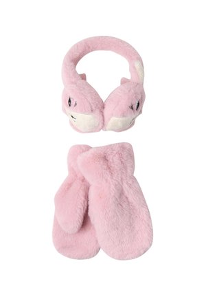 Rosa Fleece-Ohrenschützer mit einem Hasengesicht-Design und angehängten Ohren, kombiniert mit passenden rosa Fleece-Handschuhen. Weiche Textur auf der gesamten Fläche.