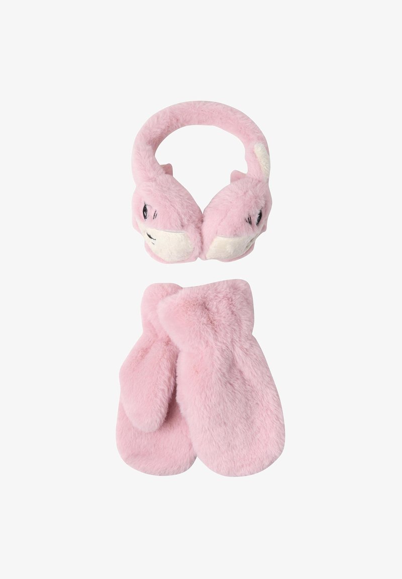 Rozā flīsa ausu sildītāji ar truša sejas dizainu un pievienotām ausīm, kombinēti ar atbilstošām rozā flīsa cimdu pāri. Mīksta tekstūra visā virsmā.